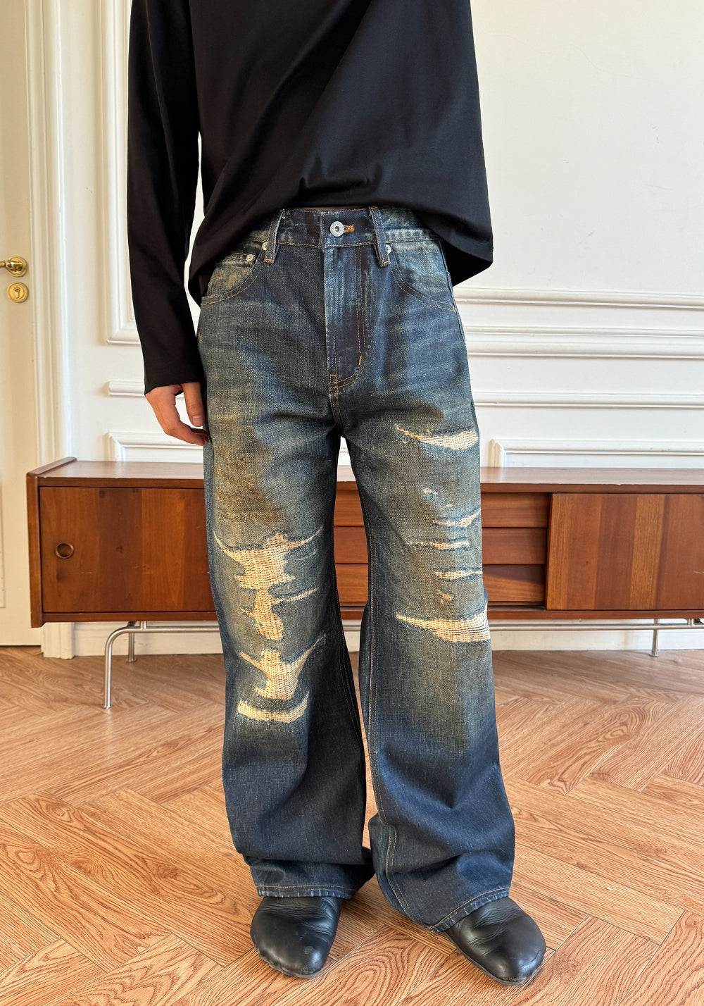 HAONANHUANG丨KONLI Print Distressed Flared Jeans - PSYLOS 1, HAONANHUANG丨KONLI Print Distressed Flared Jeans, Jeans, HAONANHUANG, PSYLOS 1